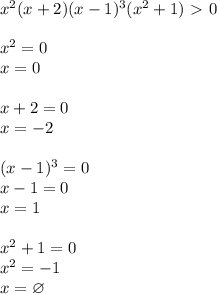 x^2(x+2)(x-1)^3(x^2+1)\ \textgreater \ 0\\\\
x^2=0\\
x=0\\\\
x+2=0\\
x=-2\\\\
(x-1)^3=0\\
x-1=0\\
x=1\\\\
x^2+1=0\\
x^2=-1\\
x=\varnothing