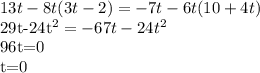 13t-8t(3t-2)=-7t-6t(10+4t)

29t-24t^2=-67t-24t^2

96t=0

t=0