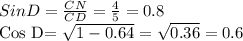 Sin D= \frac{CN}{CD}= \frac{4}{5}=0.8

Cos D= \sqrt{1-0.64}= \sqrt{0.36}=0.6