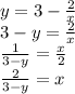 y = 3 - \frac{2}{x} \\
3 - y = \frac{2}{x} \\
\frac{1}{3-y} = \frac{x}{2} \\
\frac{2}{3-y} = x