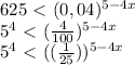 625\ \textless \ (0,04) ^{5-4x} 

 5^{4} \ \textless \ ( \frac{4}{100} ) ^{5-4x} 

 5^{4} \ \textless \ ( (\frac{1}{25} ) ) ^{5-4x}