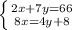 
 \left \{ {{2x+7y=66} \atop {8x=4y+8}} \right.