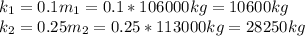 k_1 = 0.1m_1 = 0.1*106000 kg =10600 kg \\ 
k_2 = 0.25m_2 = 0.25*113000kg =28250 kg
