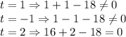 t=1& \Rightarrow&1+1-18\neq0\\
t=-1 &\Rightarrow&1-1-18\neq0\\
t=2&\Rightarrow&16+2-18=0