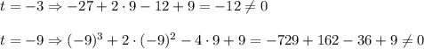 t=-3\Rightarrow-27+2\cdot9-12+9=-12\neq0\\\\
t=-9\Rightarrow(-9)^3+2\cdot(-9)^2-4\cdot9+9=-729+162-36+9\neq0