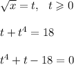 \sqrt x=t, \ \ t\geqslant0\\\\
t+t^4=18\\\\
t^4+t-18=0
