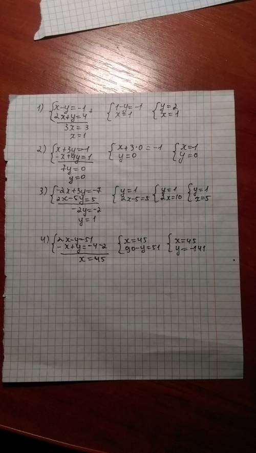 {х-у=-1 {2х+у=4 {х+3у=-1 {-х+4у=1 {-2х+3у=-7 {2х-5у=5 {2х-у=5 1 {-х+у=-4 - 2
