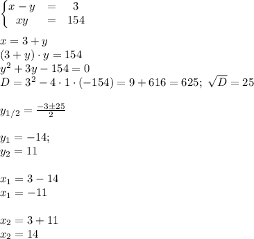\left\{\begin{matrix}
x - y &= &3 \\ 
xy &= &154
\end{matrix}\right.\\\\
x=3+y\\
(3+y)\cdot y=154\\
y^2+3y-154=0\\
D=3^2-4\cdot1\cdot(-154)=9+616=625; \ \sqrt{D}=25\\\\
y_{1/2}=\frac{-3\pm25}{2}\\\\
y_1=-14;\\
y_2=11\\\\
x_1=3-14\\
x_1=-11\\\\
x_2=3+11\\
x_2=14
