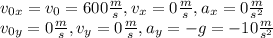 v_{0x} = v_0 = 600 \frac{m}{s}, v_x = 0 \frac{m}{s}, a_x = 0 \frac{m}{s^2} \\ 
v_{0y} = 0 \frac{m}{s}, v_y = 0 \frac{m}{s}, a_y = -g = -10 \frac{m}{s^2}