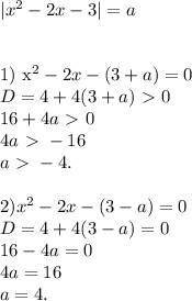 |x^2-2x-3|=a\\\\ 

1) x^2-2x-(3+a)=0\\D=4+4(3+a)\ \textgreater \ 0\\16+4a\ \textgreater \ 0\\4a\ \textgreater \ -16\\a\ \textgreater \ -4.\\\\2)x^2-2x-(3-a)=0\\D=4+4(3-a)=0\\16-4a=0\\4a=16\\a=4.