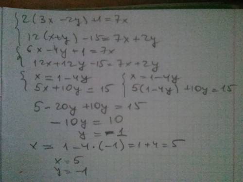 Іть будь ласка розв'яжіть системи лінійних рівнянь: a) 2(3x-2y)+1=7x . 12(x+y)-15=7x+2y