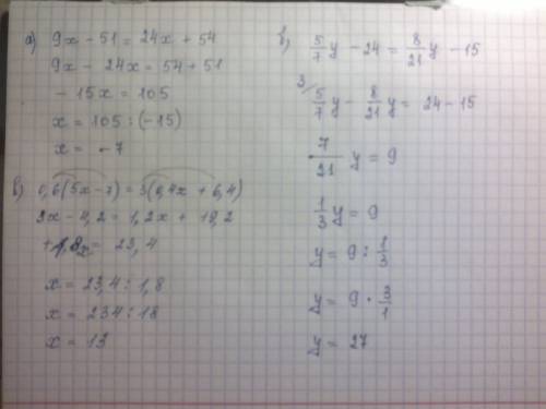 Решите уравнения: а) 9х – 51 = 24х + 54 б) 5/7у – 24 = 8/21у – 15 в) 0,6 (5х – 7) = 3 (0,4х + 6,4)