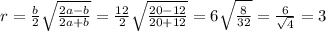 r= \frac{b}{2} \sqrt{ \frac{2a-b}{2a+b} } =\frac{12}{2} \sqrt{ 
\frac{20-12}{20+12} } =6 \sqrt{ \frac{8}{32} }= \frac{6}{ \sqrt{4} } 
=3