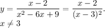 \displaystyle y= \frac{x-2}{x^2-6x+9}= \frac{x-2}{(x-3)^2}.\\
x \neq 3