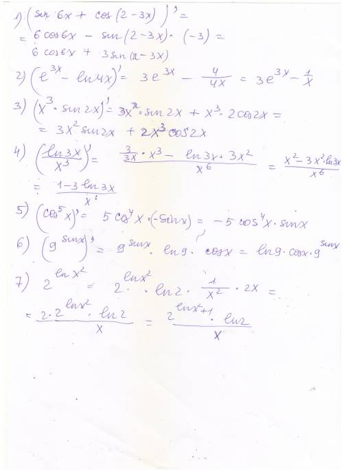 Найти производные sin 6 + cos (2 − 3) e^3x-ln4x x^3sin2x ln3x/x^3 cos^5_x 9^sin x 2^ln x^2