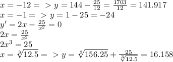 x=-12 =\ \textgreater \ y= 144- \frac{25}{12}= \frac{1703}{12} =141.917\\ 
x=-1 =\ \textgreater \ y=1-25=-24 \\ 
y'=2x- \frac{25}{ x^{2}} =0 \\
2x= \frac{25}{ x^{2}} \\
2x^{3}=25 \\
x= \sqrt[3]{12.5} =\ \textgreater \ y= \sqrt[3]{156.25}+\frac{25}{\sqrt[3]{12.5}}=16.158
