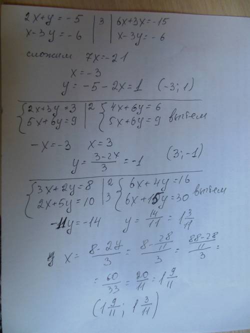 Решите систему уравнения 3x-y=3 3x-2y=0 2) y+y=7 5x-7y=11 3)5x+y=14 3x-2y=-2 4)2x+y=-5 x-3y=-6 5) 2x