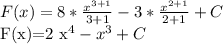 F(x)=8* \frac{ x^{3+1} }{3+1} -3* \frac{ x^{2+1} }{2+1} +C

F(x)=2 x^{4} - x^{3} +C