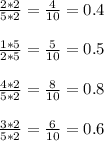 \frac{2*2}{5*2} = \frac{4}{10} = 0.4 \\ \\ 
 \frac{1*5}{2*5} = \frac{5}{10} = 0.5 \\ \\ 
 \frac{4*2}{5*2} = \frac{8}{10} = 0.8 \\ \\ 
 \frac{3*2}{5*2} = \frac{6}{10} = 0.6