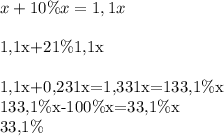 x+10\%x=1,1x \\ 

1,1x+21\%1,1x \\ 

1,1x+0,231x=1,331x=133,1\%x \\ 
133,1\%x-100\%x=33,1\%x \\ 
33,1\% \\