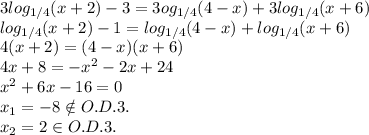 3log_{1/4}(x+2)-3= 3og_{1/4}(4-x)+ 3log_{1/4}(x+6) \\ 
log_{1/4}(x+2)-1= log_{1/4}(4-x)+ log_{1/4}(x+6) \\ 
4(x+2)=(4-x)(x+6)\\ 4x+8=-x^2-2x+24\\ x^2+6x-16=0\\ x_1=-8 \notin O.D.3.\\ x_2=2 \in O.D.3.