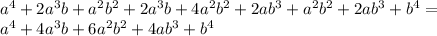 a^4+2a^3b+a^2b^2+2a^3b+4a^2b^2+2ab^3+a^2b^2+2ab^3+b^4=\\
a^4+4a^3b+6a^2b^2+4ab^3+b^4