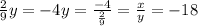 \frac{2}{9}y=-4
y= \frac{-4}{ \frac{2}{9} } = \frac{x}{y} =-18