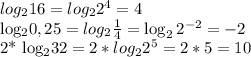 log_{2}16= log_{2}2^{4}=4

log_{2}0,25 = log_{2} \frac{1}{4}= \log_{2} 2^{-2} =-2

2* log_{2} 32=2* log_{2} 2^{5} =2*5=10