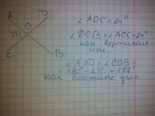 Один угол,образовавшийся в результате пересечения двух прямых,равна 24*.найдите все углы,образованны
