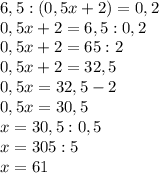 6,5:(0,5x+2)=0,2
 \\ 0,5x+2=6,5:0,2 \\ 0,5x+2=65:2 \\ 0,5x+2=32,5 \\ 0,5x=32,5-2 \\ 0,5x=30,5 \\ x=30,5:0,5 \\ x=305:5 \\ x=61
