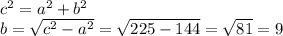 c^2=a^2+b^2\\
b= \sqrt{c^2-a^2}= \sqrt{225-144} = \sqrt{81} =9
