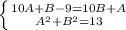 \left \{ {{10A+B-9=10B+A} \atop {A^{2}+B ^{2}=13
 }} \right.