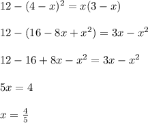 12-(4-x)^2=x(3-x)\\\\
12-(16-8x+x^2)=3x-x^2\\\\
12-16+8x-x^2=3x-x^2\\\\
5x=4\\\\
x= \frac{4}{5}