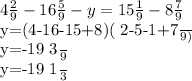 4 \frac{2}{9} -16 \frac{5}{9} -y=15 \frac{1}{9} -8 \frac{7}{9}
 

y=(4-16-15+8)( \frac{2-5-1+7}{9} )


y=-19 \frac{3}{9} 

y=-19 \frac{1}{3}