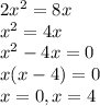 2x^2=8x \\
x^2=4x \\
x^2-4x=0 \\
x(x-4)=0 \\
x=0, x=4