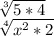 \sqrt[3]{5*4}
 
\sqrt [4] { x^{2} *2 }