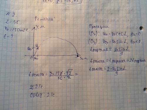 Из орудия под углом 45° к горизонту выпущено ядро со скоростью 150 м/с. через сколько времени ядро у