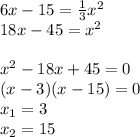6x-15= \frac{1}{3} x^2\\18x-45=x^2\\\\x^2-18x+45=0\\(x-3)(x-15)=0\\x_1=3\\x_2=15