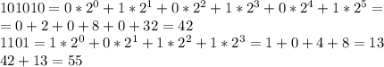 101010=0*2^{0} +1*2^{1} +0*2^{2} +1*2^{3} +0*2^{4} +1*2^{5} = \\ =0+2+0+8+0+32=42 \\ 1101=1*2^{0} +0*2^{1} +1*2^{2} +1*2^{3}=1+0+4+8=13 \\ 
42+13=55