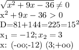 \sqrt{x^2+9x-36} \neq 0

x^2+9x-36\ \textgreater \ 0

D=81+144=225=15^2

x_1=-12; x_2=3

 x: (-oo;-12) (3;+oo)