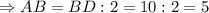 \Rightarrow AB = BD : 2 = 10 : 2 = 5