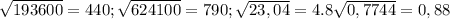 \sqrt{193600} =440; 
 \sqrt{624100} =790;
 \sqrt{23,04} =4.8
 \sqrt{0,7744} =0,88