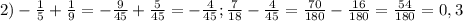 2)-\frac{1}{5}+\frac{1}9 =- \frac{9}{45} + \frac{5}{45}=-\frac{4}{45};\frac{7}{18}-\frac{4}{45}=\frac{70}{180}-\frac{16}{180}= \frac{54}{180}= 0,3
