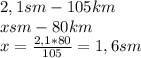 2,1 sm-105 km \\ 
x sm - 80km \\ 
x= \frac{2,1*80}{105} =1,6sm