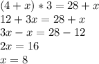(4+x)*3=28+x
\\12+3x=28+x
\\3x-x=28-12
\\2x=16
\\x=8