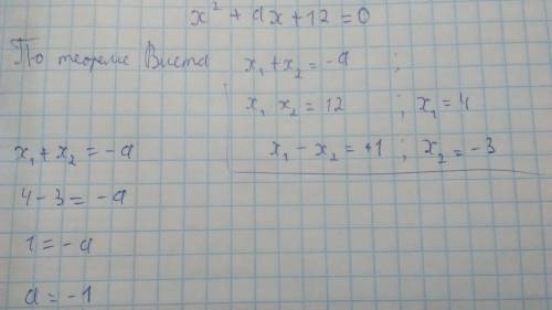 Вуравнениях x2+ax+12=0 определите (a) таким образом,чтобы разность корней уравнения равнялась единиц