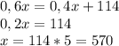 0,6x=0,4x+114\\
0,2x=114\\
x=114*5=570