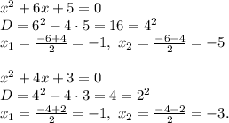 x^2+6x+5=0 \\
D=6^2-4\cdot5=16=4^2 \\
x_1=\frac{-6+4}{2}=-1, \ x_2=\frac{-6-4}{2}=-5
\\ \\
x^2+4x+3=0 \\
D=4^2-4\cdot3=4=2^2 \\
x_1=\frac{-4+2}{2}=-1,\ x_2=\frac{-4-2}{2}=-3.