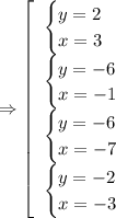 \Rightarrow \left[\begin{array}{l} \begin{cases}
y=2 \\ 
x=3
\end{cases} \\ \begin{cases}
y=-6 \\ 
x=-1 
\end{cases} \\ \begin{cases}
y=-6 \\ 
x=-7 
\end{cases} \\\begin{cases}
y=-2 \\ 
x=-3
\end{cases}\end{array}\right.