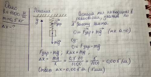 Кпружине жесткостью 1 кн/м подвесили гирю массой 500г. найти удлинение пружины после установления ра
